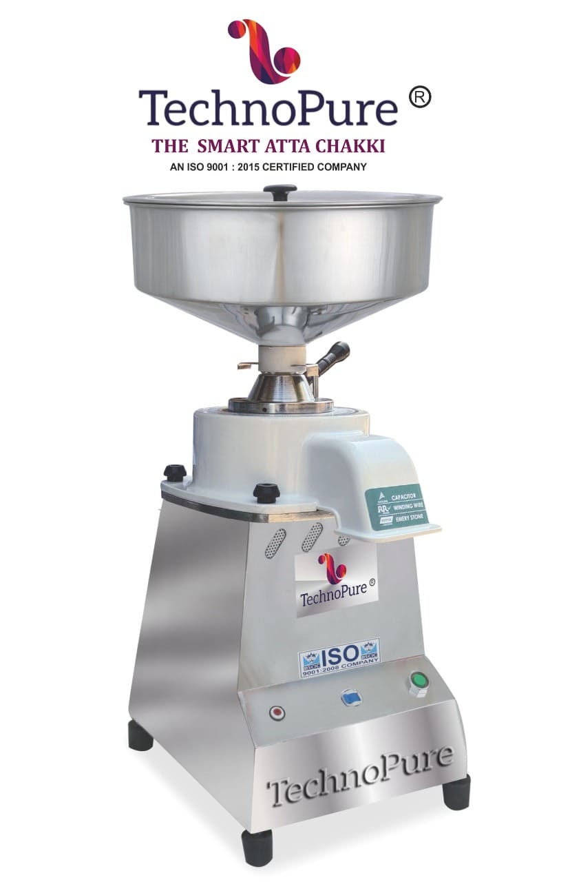 TechnoPure Automatic Domestic Flour Mill Machine for Home, Gharghanti Smart Atta Chakki 1.50 HP Single Phase Motor with Copper Wire, 8-18 Kg/Hour (Gold Mill)