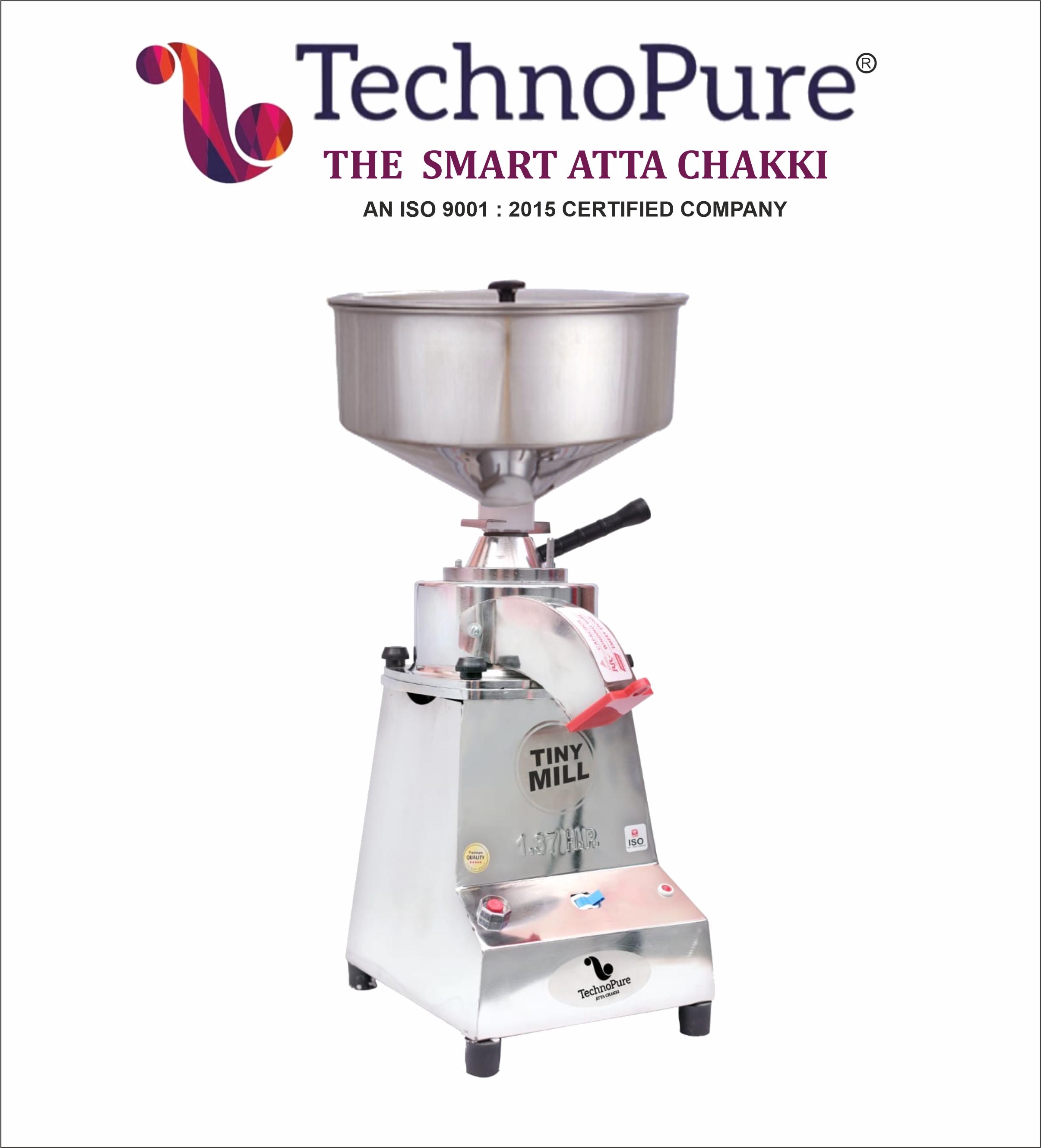 TechnoPure Automatic Light Weight Small Domestic Flour Mill Machine for Home, Gharghanti Smart Atta Chakki 1.37HP Motor with 100% Copper Wire, Mini Gharelu Aata Chakki, 8-15 Kg/Hour (Tiny Mill)